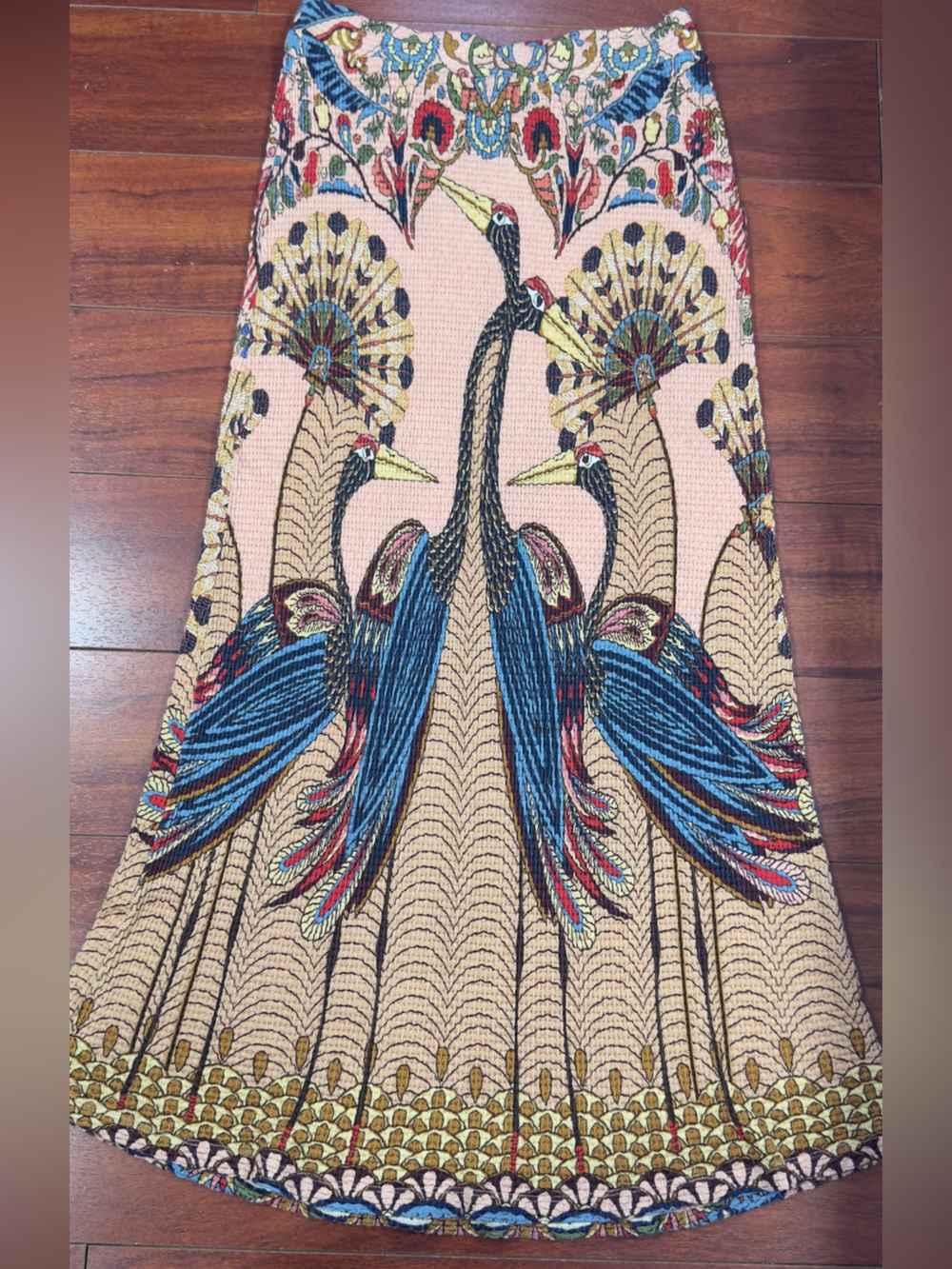 Anthropologie Peach Maxi Skirt with Blue & Red Peacock Print - Picture 12 of 14